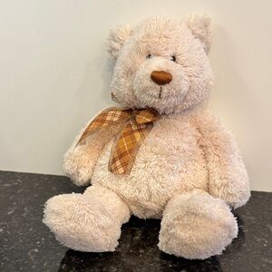 Gund Cream Teddy Bear with Plaid Bow. Nigel. Size 15”